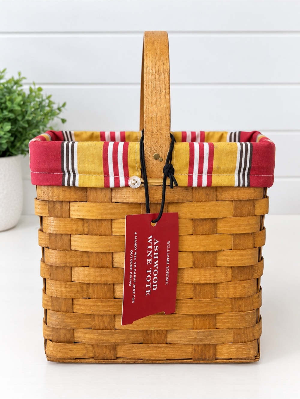 Williams Sonoma Yellow and Red Striped Lined Wood Wine Tote vintage y2k